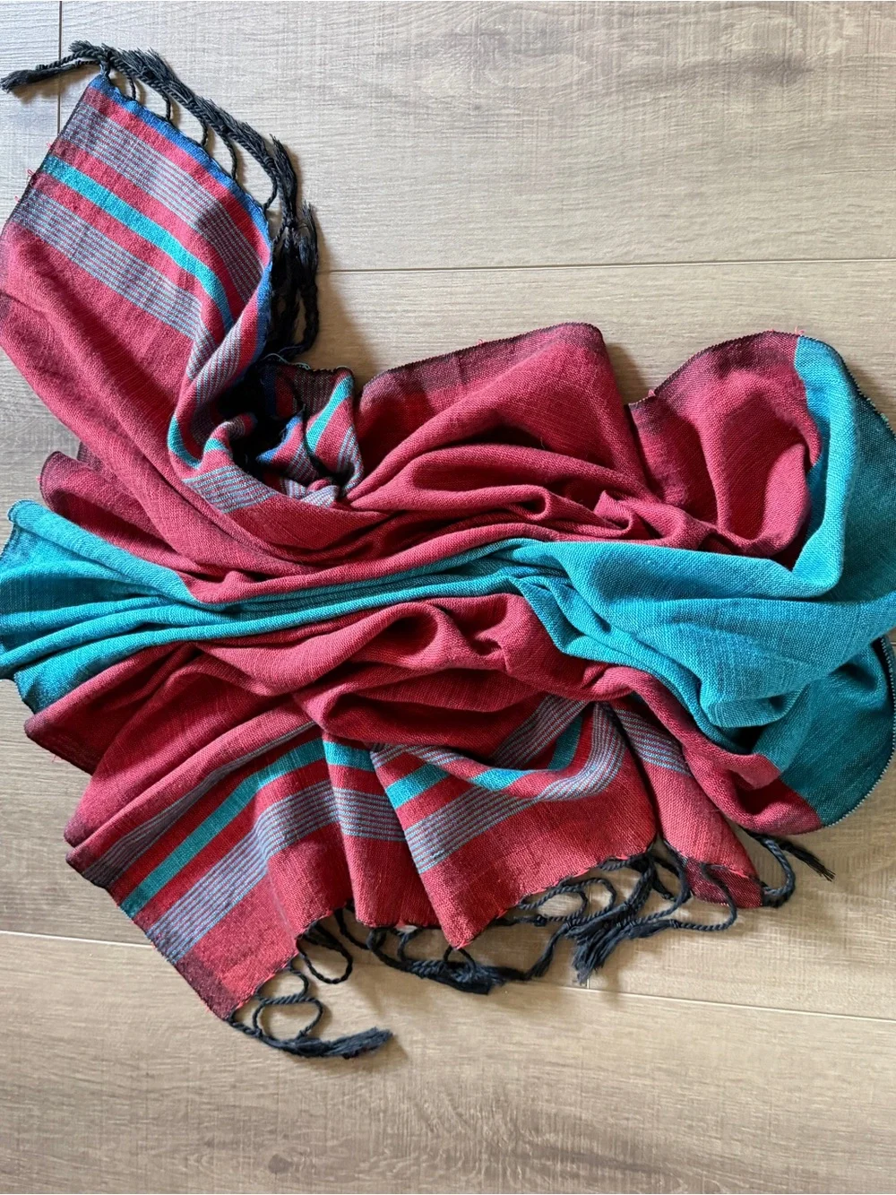 Teal Burgundy shawl Color Block Tassels Art to Wear Woven 64.5x28.5” long & Wide